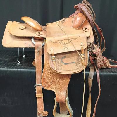 Vintage Tooled Leather Western Saddle w/ Longhorn Motif