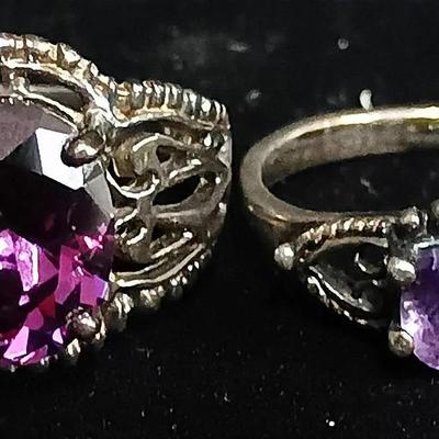 Pair Of 925 Sterling Silver Rings W/ Marquise & Oval Cut Amethyst