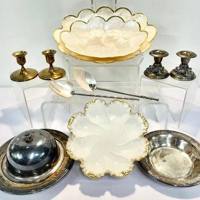 Vintage Mother-of-Pearl Utensils w/ Lenox 24K Plate, Capiz, Silver & Brass Decor