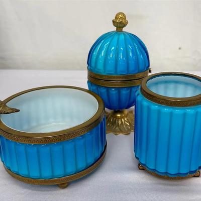 Murano Blue Opaline Glass Smoking Set — Ashtray, Cigarette Holder & Table Lighter — Ormolu Mounted