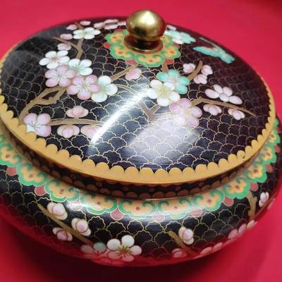 Vintage Chinese Cloisonne Bowl With Lid Enamel On Brass 8" Wide 