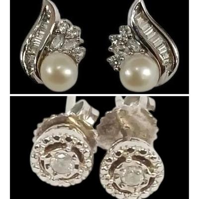 Diamond / Freshwater  Pearl  +  Diamond Studs Set In Sterling Silver