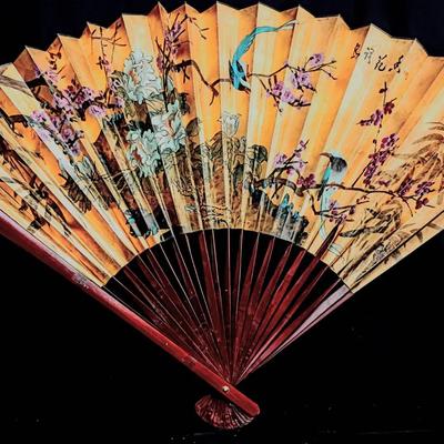 Large Hand-Painted Asian Decorative Wall Fan