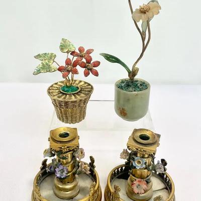 Floral Miniatures — Jade Sculpture, Gilt Candleholders & Compact