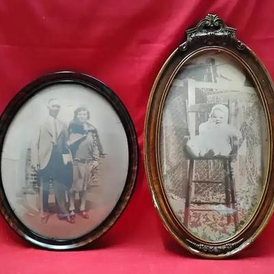 Antique & Vintage Frame Lot (2 Pieces) with Convex Bubble Glass & Artwork