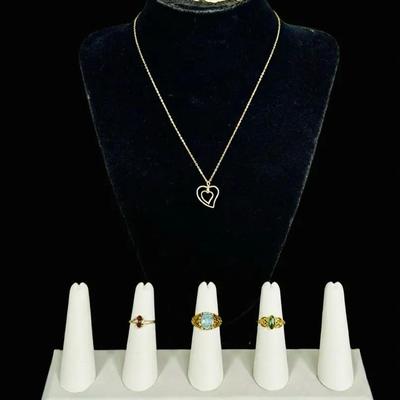 Vintage Avon Gold-Tone Double Heart Pendant Necklace + Gold Filled Rings! 