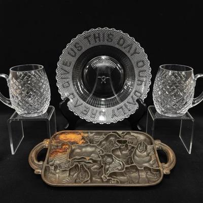 Crystal Galway Tankards, Press Glass Plate And Cast Iron Animal Mold