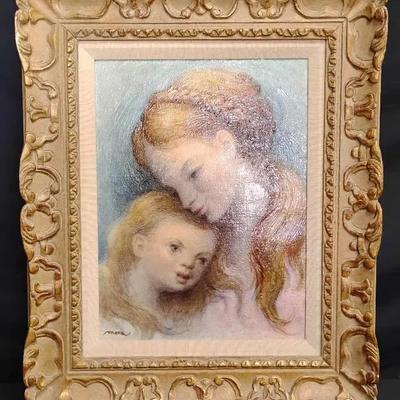Vintage R. Mora Oil Painting – Mother & Child