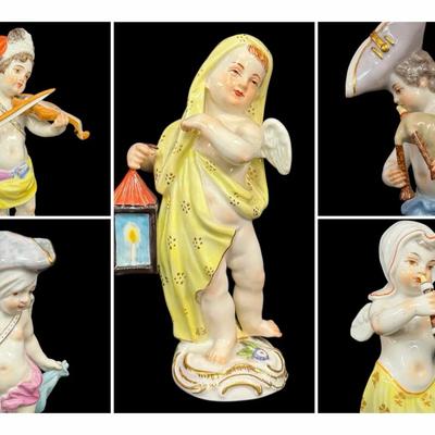 Set of 5 Hand-Painted Meissen Putti Figurines – Crossed Swords Mark 