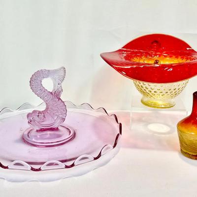 Rare Viking Lavender Art Glass Tray + Kanawha Amberina Bowl & MCM Crackle Pitcher