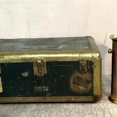 Vintage 1920s Indestructo Travel Trunk & Ribbed Brass Umbrella Stand 