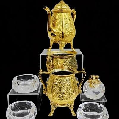 Faceted Crystal Lighter & Ash Tray Set + Reed & Barton Plated Decorative Set! 