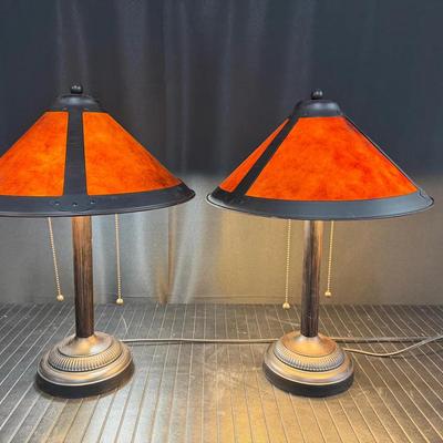 Mission-Style Table Lamps with Amber Mica Shades