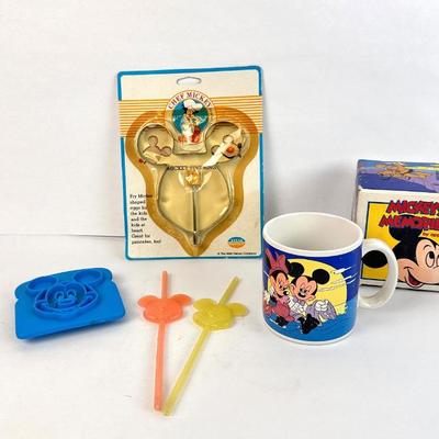 Sale Photo Thumbnail #84: Lot #84 Vintage Disney Mickey Mouse Bundle – 1980s Chef Mickey Egg Ring, Applause Mug w/ Box, Cookie Cutter & Straws