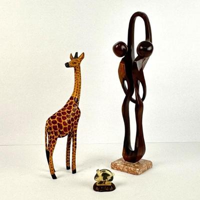 Sale Photo Thumbnail #27: Lot #27 Mid Century Modern Abstract Figurative Wood Carving, Handcrafted Wooden Giraffe, Tagua Nut Bunny Figurine