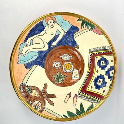 Sale Photo Thumbnail #14: Lot #14 18" Hand-Painted Studio Pottery Plate by Sandon Millett – 1989 Canadian Art Pottery, Matisse Style, Gold Rim Plate