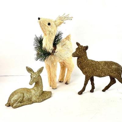 Sale Photo Thumbnail #139: Lot #139 Holiday Deer Figurine Set – Glitter Reindeer Pair & Sisal Standing Deer with Greenery