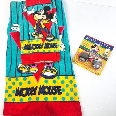 Sale Photo Thumbnail #96: Lot #96 Vintage 90s Mickey Mouse Towel & Sunglasses Set – Franco Cotton 3pc Towel Set + Mickey’s Stuff Kids Shades