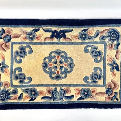 Sale Photo Thumbnail #145: Lot #145 Vintage Chinese Art Deco Wool Scatter Rug – Hand-Tufted Floral Design, 36” × 21”, Navy & Pastel Tones