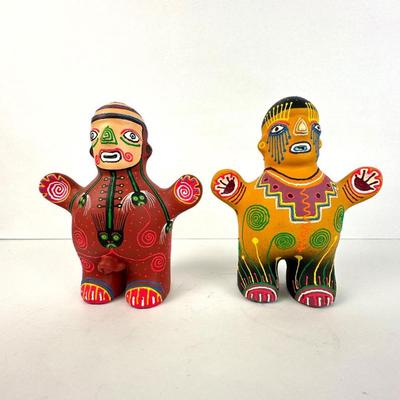 Sale Photo Thumbnail #28: Lot #28 Colorful Mexican Folk Art Pottery Figurines– Hand-Painted Terracotta, Huichol-Inspired Design, Vibrant Southwest Decor