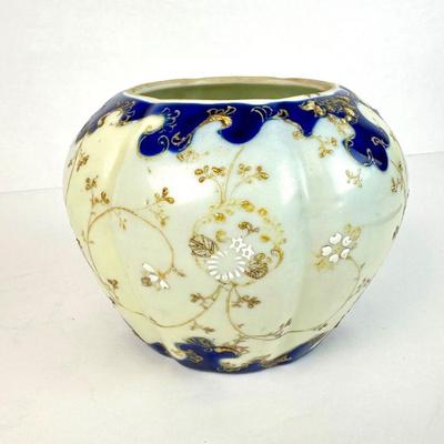 Sale Photo Thumbnail #47: Lot #47 Antique Hand Painted Cobalt Blue & Gold Melon Form Porcelain Jar