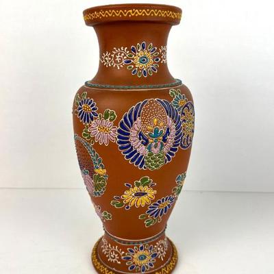 Sale Photo Thumbnail #32: Lot #32 Vintage Signed Tokoname Ware - Red Clay & Handpainted Raised Enamel Vase