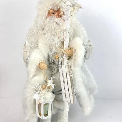 Sale Photo Thumbnail #134: Lot #134 Snowy Father Christmas Tabletop Decor – White Santa with Lantern & Sled
