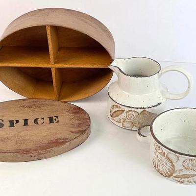 Sale Photo Thumbnail #63: Lot #63 Vintage Midwinter Stonehenge Seascape Creamer & Double Handled Cup with “Spice” Divided Wood Box