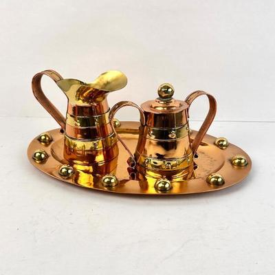 Sale Photo Thumbnail #72: Lot #72 Vintage Copper & Brass Serving Tray, Creamer & Lidded Sugar Bowl