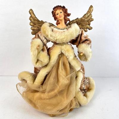 Sale Photo Thumbnail #136: Lot #136 Christmas Angel with Gold Wings & Fur-Trimmed Gown – Holiday Figurine / Tree Topper