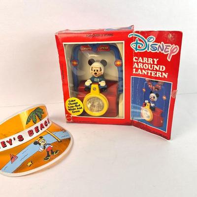 Sale Photo Thumbnail #95: Lot #95 Vintage Mickey Mouse Carry-Around Lantern with Box & Mickey’s Beach Visor -80s/90s Disney Kids Set – Mattel Arco Lanterm
