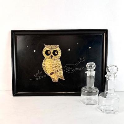 Sale Photo Thumbnail #64: Lot #64 Vintage Couroc Brown Laminate Tray with Owl & Set of Glass Cruets