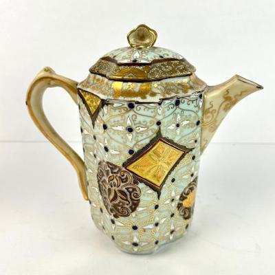Sale Photo Thumbnail #31: Lot #31 Meiji Japanese Porcelain Chocolate Pot – Satsuma Style Moriage Enamel & Heavy Gold – Circa 1900 Hand Decorated Japan

