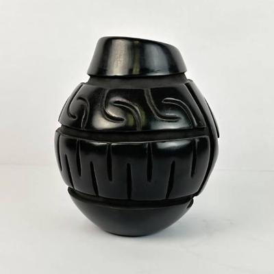 Sale Photo Thumbnail #23: Lot #23 Vintage Rose M. Lewis Santa Clara Pueblo Carved Blackware Pot – Hand-Coiled Native American Pottery