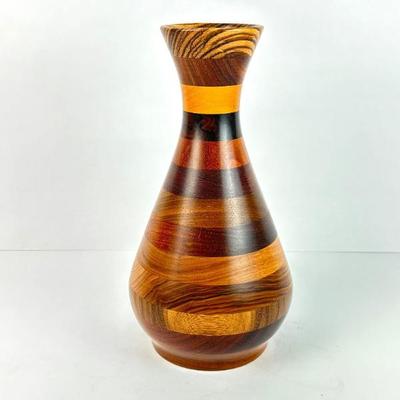 Sale Photo Thumbnail #24: Lot #24 Vintage Hand-Turned Segmented Wood Vase - Signed by L. Cheney – 1995 Dated Laminated Hardwood Art
