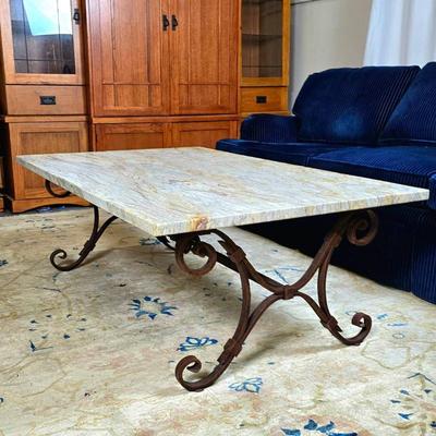 Sale Photo Thumbnail #34: Lot #34 River White Granite Coffee Table on Hand-Forged Wrought Iron Base – 36" x 58” Vintage Stone & Iron Table