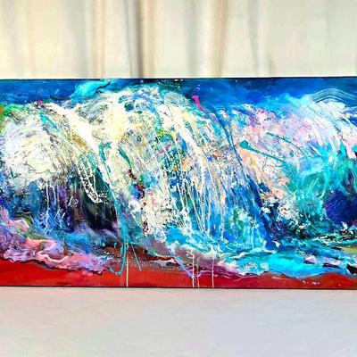 Sale Photo Thumbnail #3: Roxene Sloate “Splash” Large Abstract Seascape Painting – Signed 48x24 Acrylic