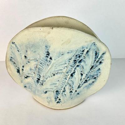 Sale Photo Thumbnail #13: Lot #13 Handmade Studio Pottery Vase – Organic Sculptural Form with Blue Botanical Texture – Vintage 1980s Ceramic Art
