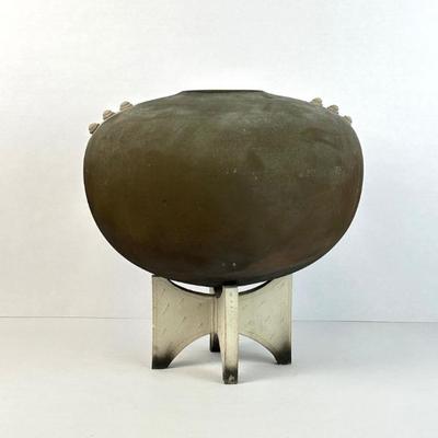 Sale Photo Thumbnail #18: Lot #18 Vintage 1985 Studio Art Pottery Sculptural Vessel with Stand – Signed Postmodern Hand-Built Ceramic