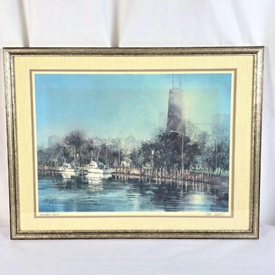 Sale Photo Thumbnail #8: Lot #8 Vintage Tom Lynch Signed Print “Summer’s End” – Chicago Marina Scene, Framed