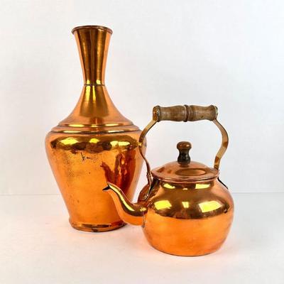 Sale Photo Thumbnail #73: Lot #73 Vintage Copper Pitcher with Flared Top and Copper Tea Kettle
