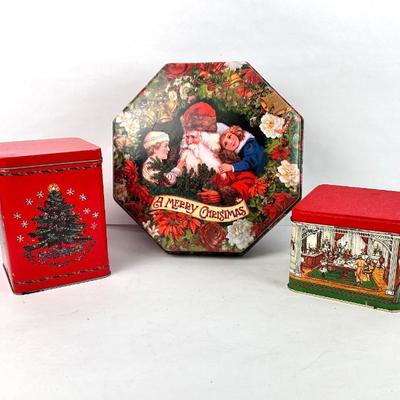 Sale Photo Thumbnail #141: Lot #141 Christmas Tins & Plastic Octagon Box