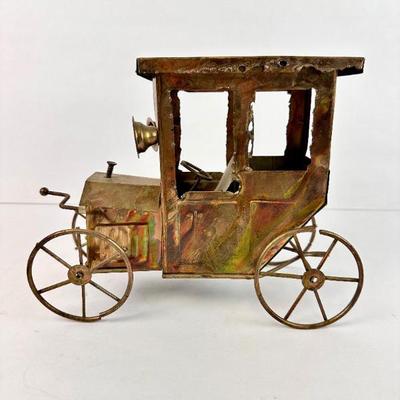 Sale Photo Thumbnail #111: Lot #111 Vintage Metal Car Art with Wind-Up Music Box – Copper/Brass Torch Cut – Works!
