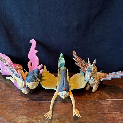 3 Hand Carved & Painted Balinese Mobiles  , Albesia Wood Carved , Goddesses , Horse