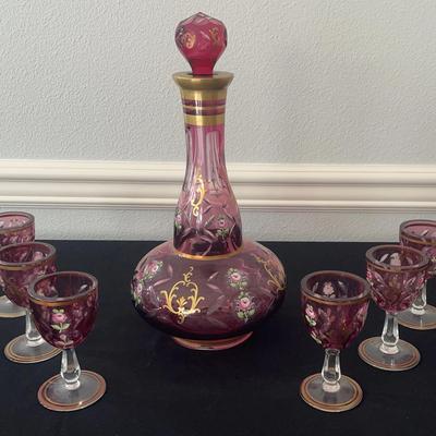 Rare Find! Bohemian Cranberry Glass Decanter Set