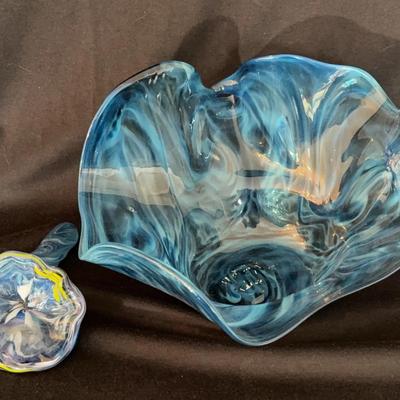 Blown Glass Blue Bowl & Flower Twist * Signed Powell