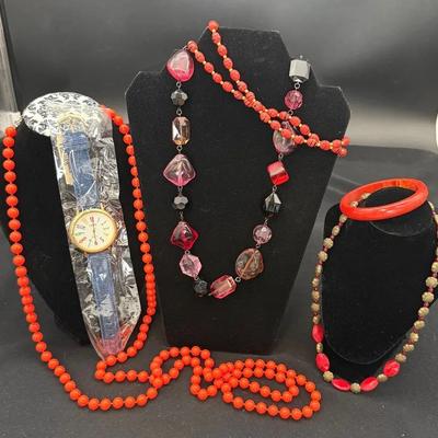 Red & Orange Beaded Necklaces & NEW! Kristine Watch * Ben Amin Necklace 