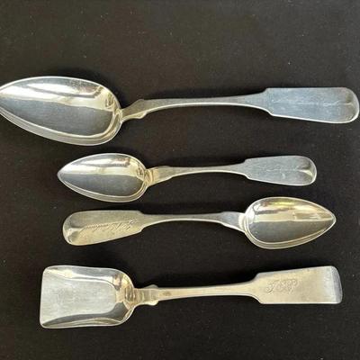 4 Antique Monogrammed Coin Silver Spoons * Serving , Teaspoons & Sugar Spoon * 97.73g Total Weight