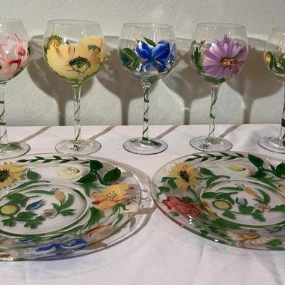 Royal Danube Hand Painted Crystal * 5 Goblets * 4 Plates 10” *