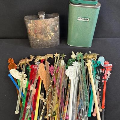 A Whole Lot of Vintage Swizzle Sticks ! 2 Flasks , One Is Stanley 